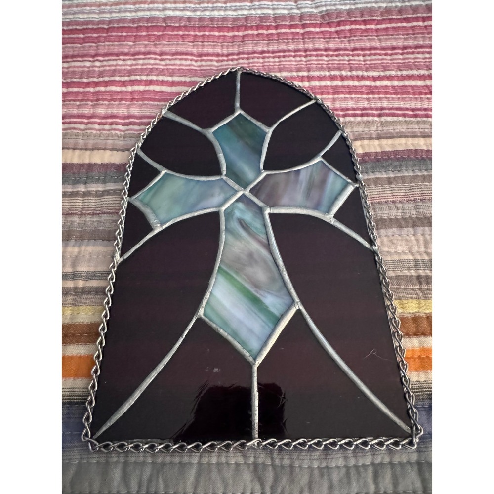 Vintage Stained Glass Cross Suncatcher Purple Slag Glass Cathedral Window Art